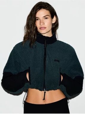 SKIMS Faux Shearling Cropped Dark Teal Jacket with Black Accents